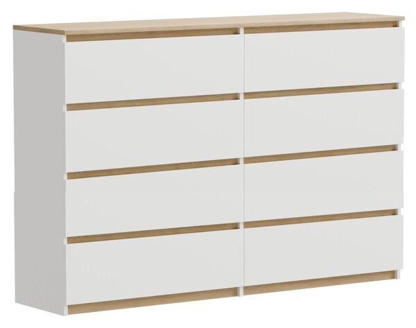Komoda z bílého dubu Torro, 8 zásuvek, matná, 140 x 34 x 100 cm, extra velká, moderní, do ložnice nebo kanceláře