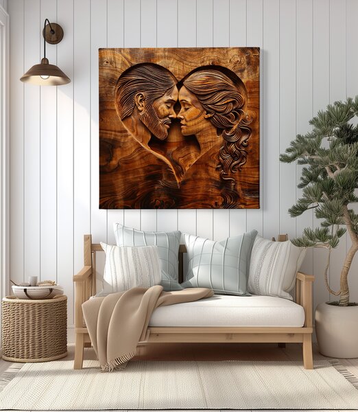 Obraz na plátně - Zamilovaný pár v srdečném spojení, dřevo styl FeelHappy.cz Vyberte rozměr (Šířka/Výška): 40 x 40 cm