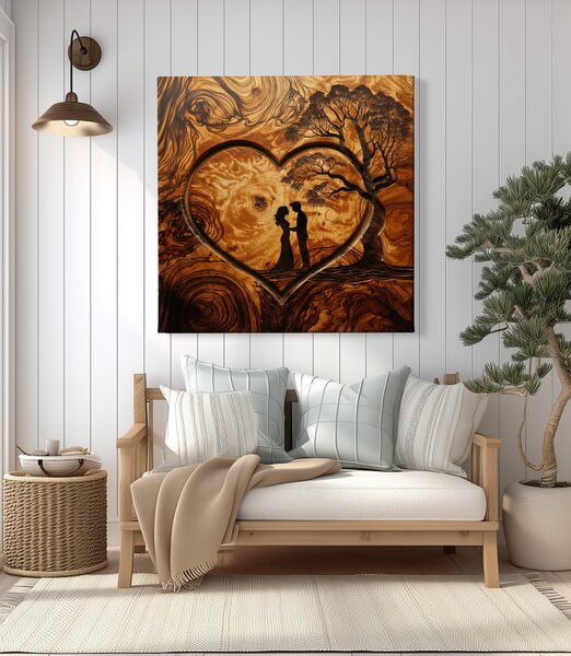Obraz na plátně - Milenci v srdci a strom života, dřevo styl FeelHappy.cz Vyberte rozměr (Šířka/Výška): 40 x 40 cm