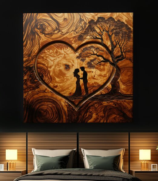 Obraz na plátně - Milenci v srdci a strom života, dřevo styl FeelHappy.cz Vyberte rozměr (Šířka/Výška): 40 x 40 cm