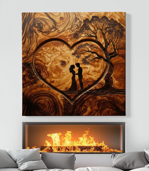 Obraz na plátně - Milenci v srdci a strom života, dřevo styl FeelHappy.cz Vyberte rozměr (Šířka/Výška): 40 x 40 cm