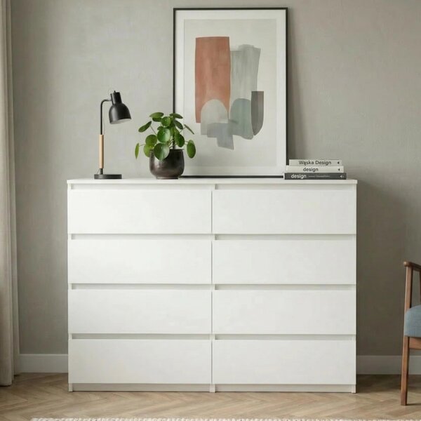 Komoda bílá, 8 zásuvek, matná, 100 x 100 x 34 cm, moderní, prostorná, ComfortCove