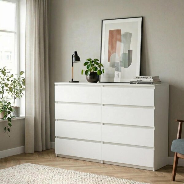 Komoda bílá, 8 zásuvek, matná, 100 x 100 x 34 cm, moderní, prostorná, ComfortCove
