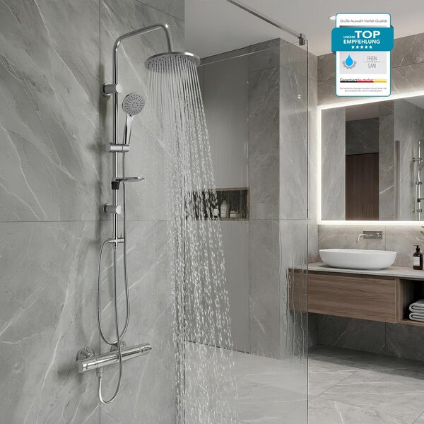 GROHE sprchová baterie Precision Flow, sprchový systém s dešťovou sprchou BELVIT, sprchová tyč, ruční sprcha a držák na mýdlo, 3 druhy proudu s bezpečnostní pojistkou