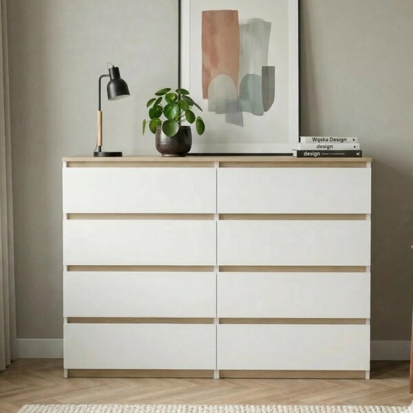 Komoda z bílého dubu Torro, 8 zásuvek, matná, 100 x 34 x 100 cm, moderní