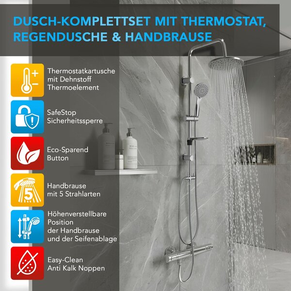 GROHE sprchová baterie Precision Flow, sprchový systém s dešťovou sprchou BELVIT, sprchová tyč, ruční sprcha a držák na mýdlo, 3 druhy proudu s bezpečnostní pojistkou