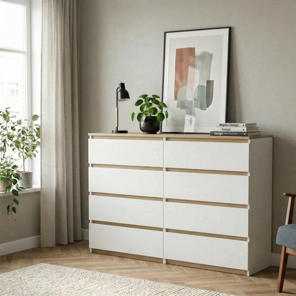 Komoda z bílého dubu Torro, 8 zásuvek, matná, 100 x 34 x 100 cm, moderní