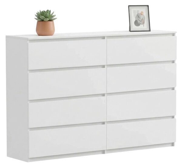 Komoda bílá, 8 zásuvek, matná, 140 x 34 x 100 cm, extra velká, moderní, do ložnice nebo kanceláře