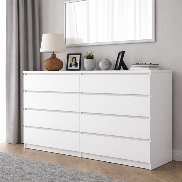 Komoda bílá, 8 zásuvek, matná, 140 x 34 x 100 cm, extra velká, moderní, do ložnice nebo kanceláře