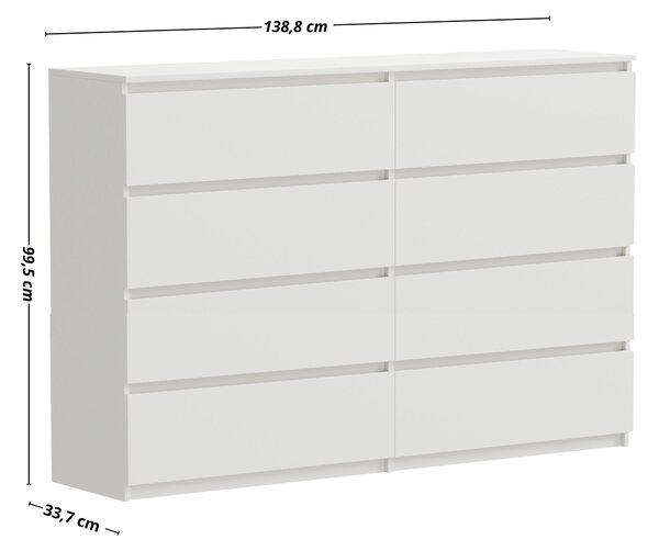 Komoda bílá, 8 zásuvek, matná, 140 x 34 x 100 cm, extra velká, moderní, do ložnice nebo kanceláře