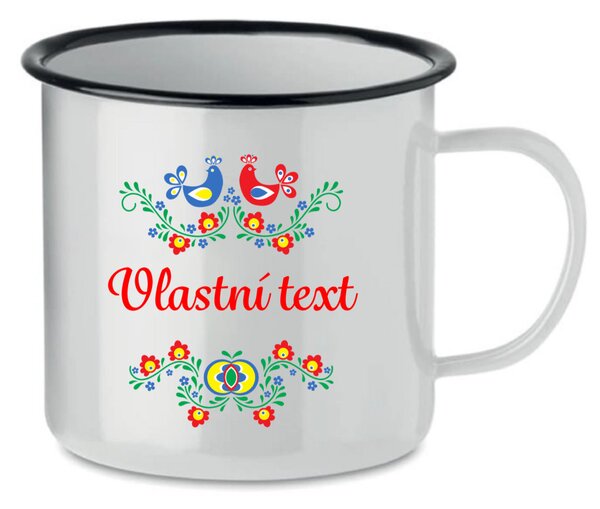 Personalizovaný bílý retro plecháček s folklórním vzorem