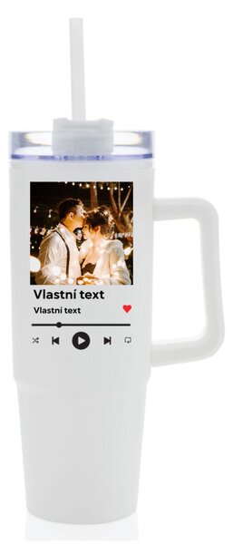 Personalizovaná cestovní termoska s průhledným víčkem s motivem přehrávače