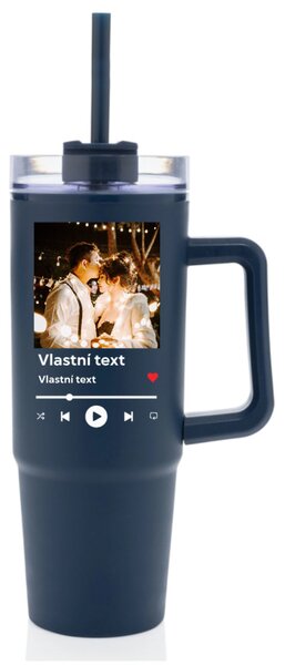 Personalizovaná cestovní termoska s průhledným víčkem s motivem přehrávače