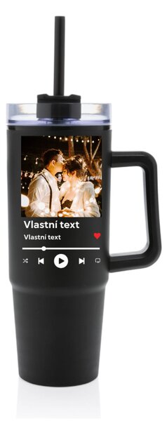 Personalizovaná cestovní termoska s průhledným víčkem s motivem přehrávače