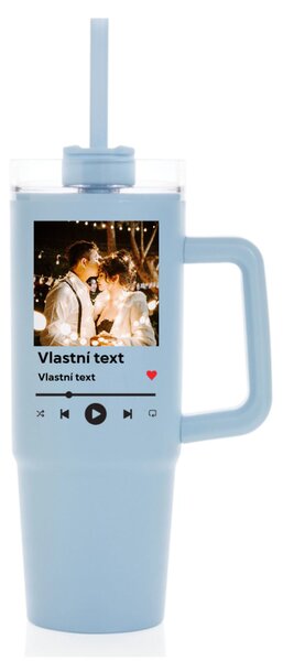 Personalizovaná cestovní termoska s průhledným víčkem s motivem přehrávače