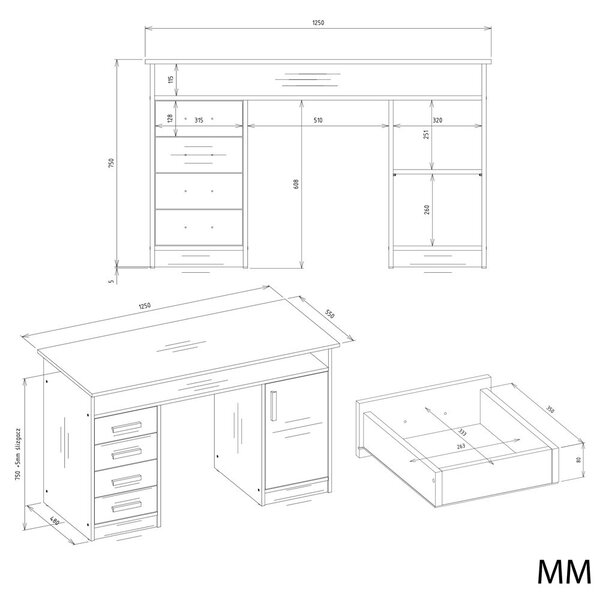 TP Living Psací stůl ADA 125 cm dub Artisan/antracitový