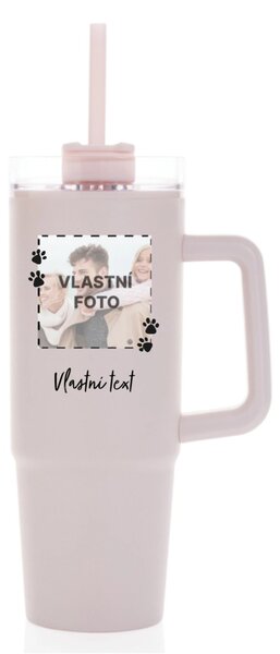 Personalizovaná cestovní termoska s průhledným víčkem s fotkou mazlíčka a textem