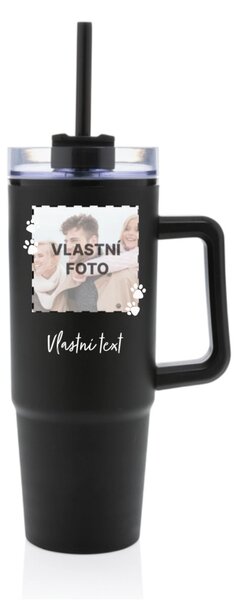 Personalizovaná cestovní termoska s průhledným víčkem s fotkou mazlíčka a textem