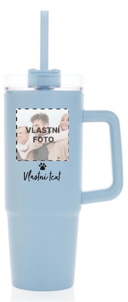 Personalizovaná cestovní termoska s průhledným víčkem s fotkou mazlíčka a textem