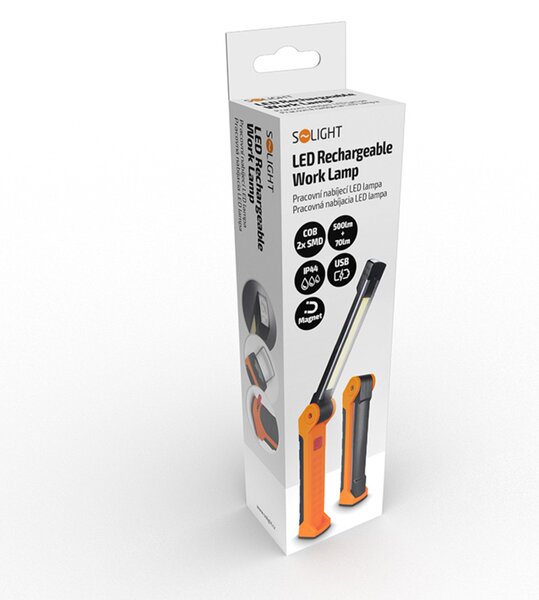 Solight pracovní nabíjecí LED lampa, 500lm + 70lm, COB, Li-Ion, USB, černooranžová WM20