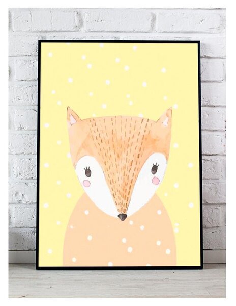 Dětský pokoj - Žlutý dekorační plakát se zimním motivem lišky A4