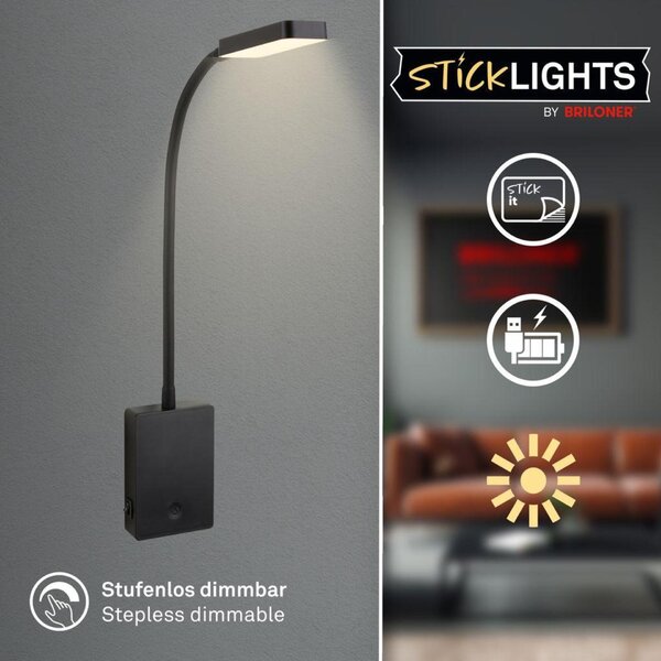 BRILONER Cielo lampa na čtení - 2W, 200lm, LED, nabíjecí, stmívatelné, dotykový vypínač, bezdrátové, černá 2361015