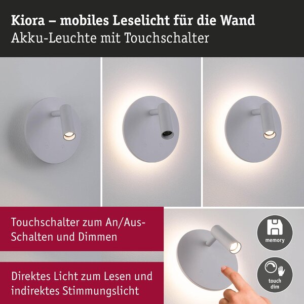 PAULMANN LED nabíjecí nástěnné svítidlo Kiora 2700K / 3,7V 0,6W / 0,7W stmívatelné bílá
