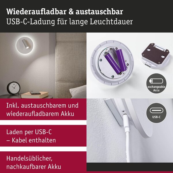 PAULMANN LED nabíjecí nástěnné svítidlo Kiora 2700K / 3,7V 0,6W / 0,7W stmívatelné bílá