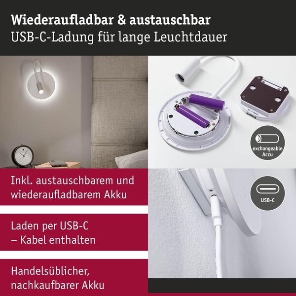 PAULMANN LED nabíjecí nástěnné svítidlo Miora 2700K / 3,7V 0,6W / 0,7W stmívatelné bílá