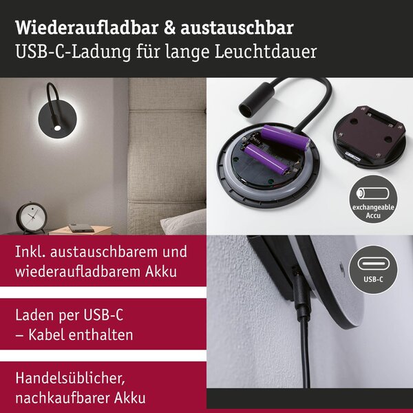 PAULMANN LED nabíjecí nástěnné svítidlo Miora 2700K / 3,7V 0,6W / 0,7W stmívatelné černá