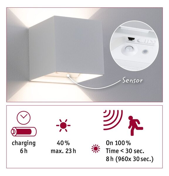 PAULMANN LED nabíjecí nástěnné svítidlo Nyara IP44 3000K 100x100mm 2x1W bílá