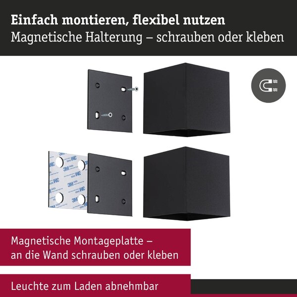 PAULMANN LED nabíjecí nástěnné svítidlo Nyara IP44 3000K 100x100mm 2x1W černá