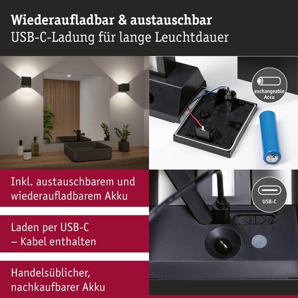 PAULMANN LED nabíjecí nástěnné svítidlo Nyara IP44 3000K 100x100mm 2x1W černá