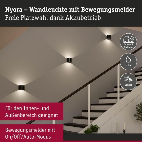PAULMANN LED nabíjecí nástěnné svítidlo Nyora IP44 3000K 135x120mm 2x1W černá