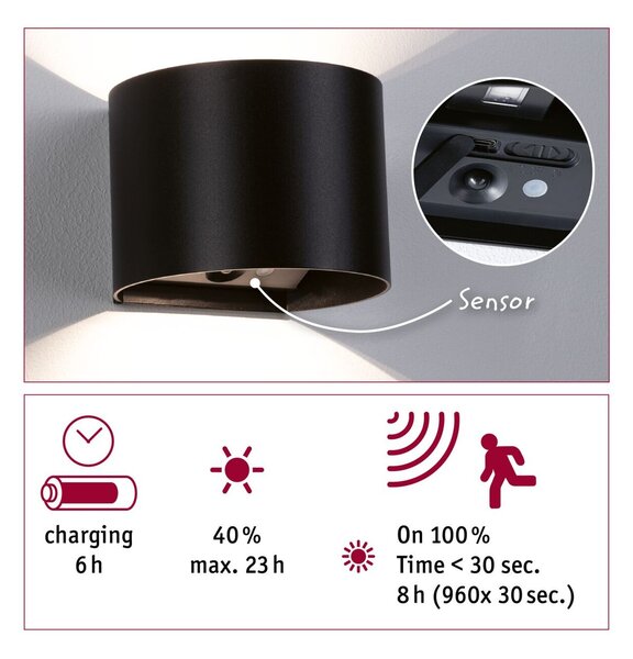 PAULMANN LED nabíjecí nástěnné svítidlo Nyora IP44 3000K 135x120mm 2x1W černá