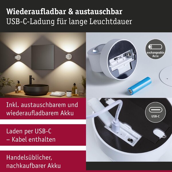 PAULMANN LED nabíjecí nástěnné svítidlo Zorik IP44 stmívatelné 2700K 100mm 2x1,1W bílá