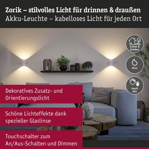 PAULMANN LED nabíjecí nástěnné svítidlo Zorik IP44 stmívatelné 2700K 100mm 2x1,1W bílá