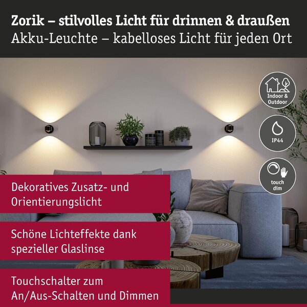 PAULMANN LED nabíjecí nástěnné svítidlo Zorik IP44 stmívatelné 2700K 100mm 2x1,1W černá