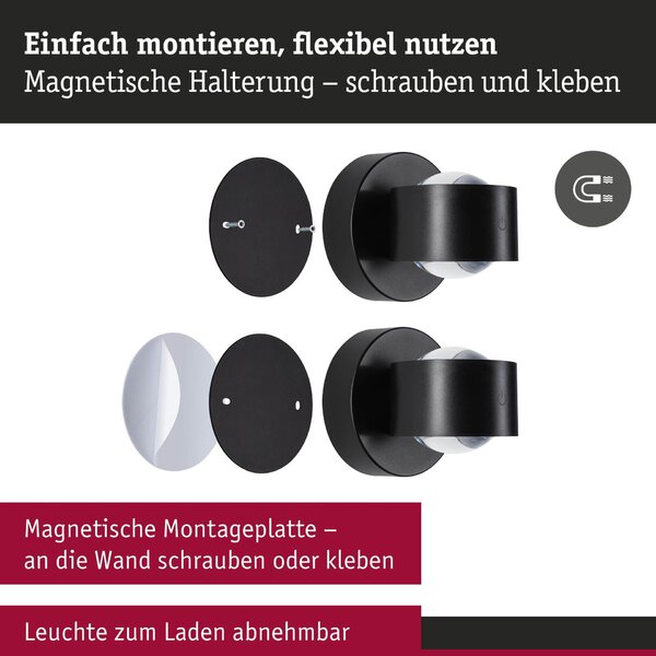 PAULMANN LED nabíjecí nástěnné svítidlo Zorik IP44 stmívatelné 2700K 100mm 2x1,1W černá