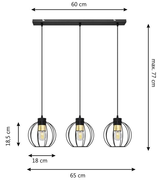 Lustr na lanku STARLIGHT 3xE27/15W/230V černá/zlatá