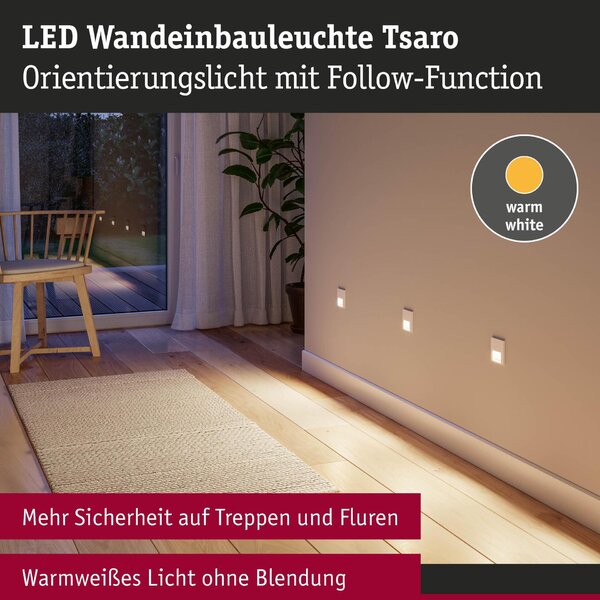 PAULMANN LED vestavné svítidlo do zdi Tsaro hranaté 80x36mm 1W 230V 2700K matný chrom