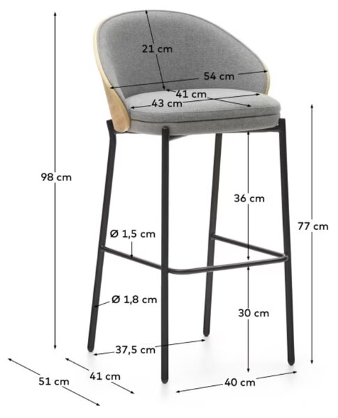 Šedá látková barová židle Kave Home Eamy s dřevěným opěradlem 77 cm