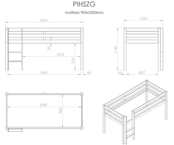 Borovicová patrová postel Vipack Pino II. 90 x 200 cm
