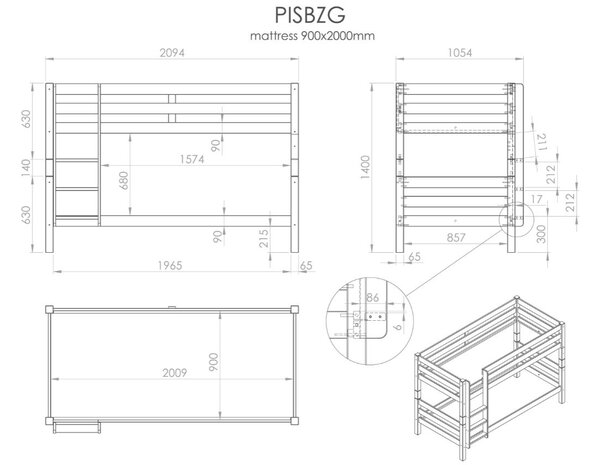 Borovicová dvoupatrová postel Vipack Pino 90 x 200 cm