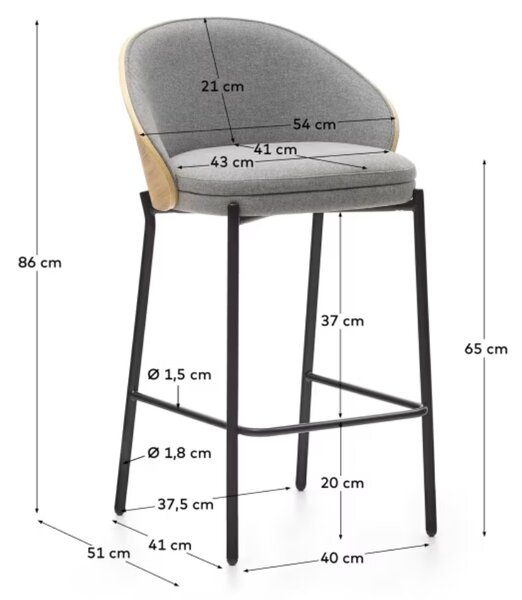 Šedá látková barová židle Kave Home Eamy s dřevěným opěradlem 65 cm