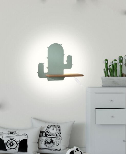 LED Dětské nástěnné svítidlo s poličkou CACTUS LED/4W/230V zelená/dřevo