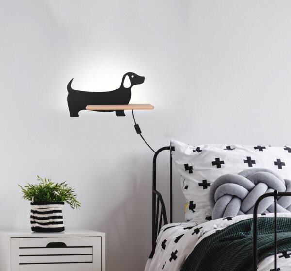 LED Dětské nástěnné svítidlo s poličkou DOG LED/5W/230V černá/dřevo