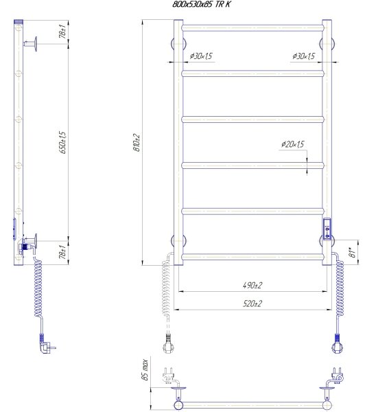 Koupelnový žebříkový radiátor CLASSIC 110W/230V 81x52 cm nerez/lesk. chrom pravá