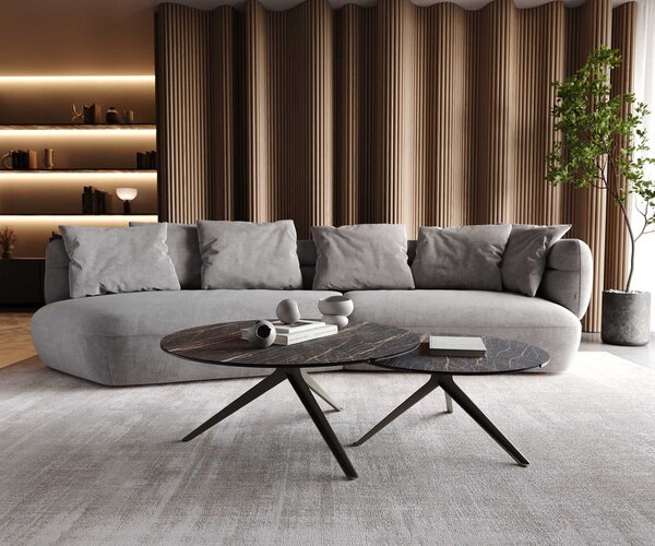 DELIFE Konferenční stolek Delron 70x70 cm keramika Laminam®Noir Desir hnědá křížová podnož plochá kov titanový efektový povrch