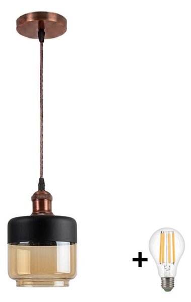 Brilagi-LED Lustr na lanku R GLASS 1xE27/60W/230V pr. 14cm měď/kou béžová/černá